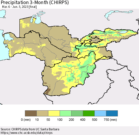 Central Asia Precipitation 3-Month (CHIRPS) Thematic Map For 3/6/2023 - 6/5/2023