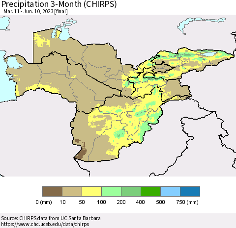 Central Asia Precipitation 3-Month (CHIRPS) Thematic Map For 3/11/2023 - 6/10/2023