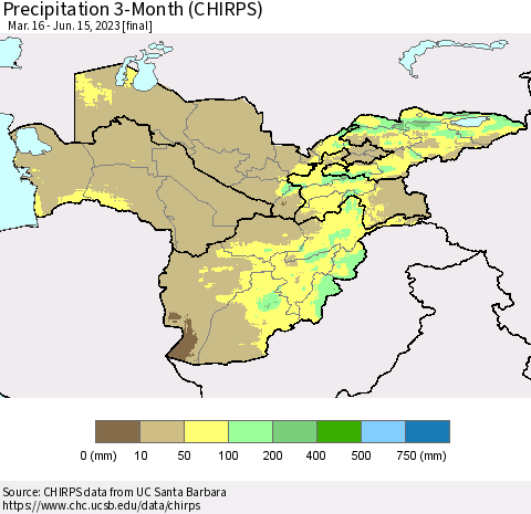 Central Asia Precipitation 3-Month (CHIRPS) Thematic Map For 3/16/2023 - 6/15/2023