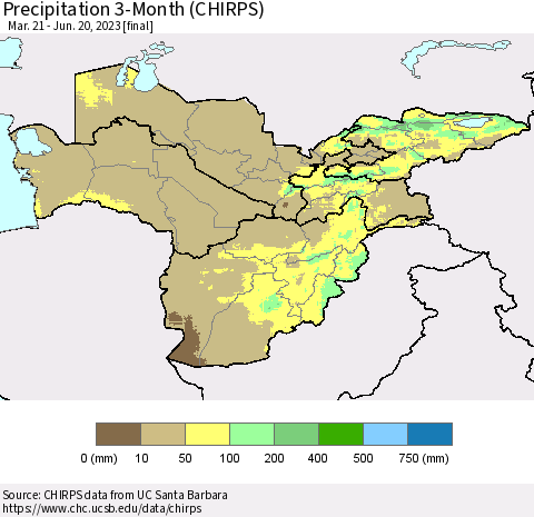 Central Asia Precipitation 3-Month (CHIRPS) Thematic Map For 3/21/2023 - 6/20/2023