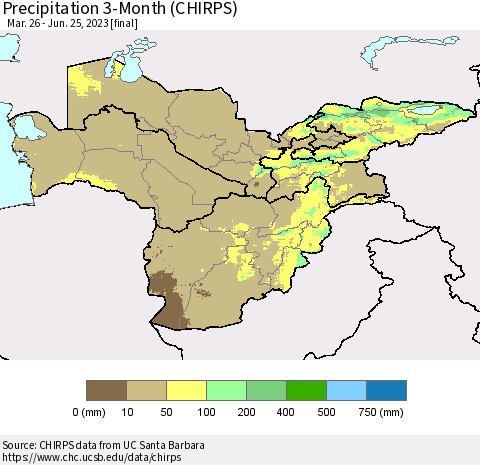 Central Asia Precipitation 3-Month (CHIRPS) Thematic Map For 3/26/2023 - 6/25/2023