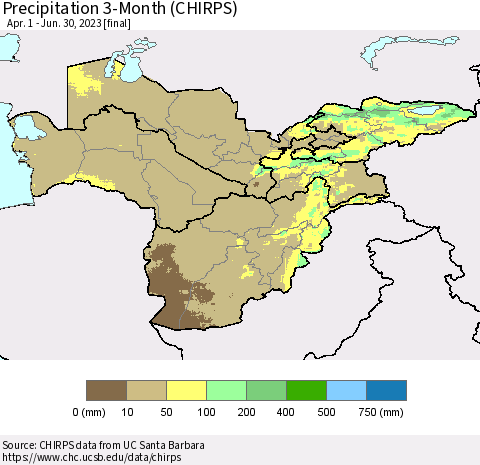 Central Asia Precipitation 3-Month (CHIRPS) Thematic Map For 4/1/2023 - 6/30/2023