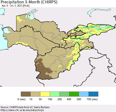 Central Asia Precipitation 3-Month (CHIRPS) Thematic Map For 4/6/2023 - 7/5/2023