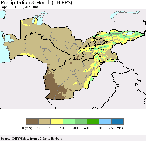Central Asia Precipitation 3-Month (CHIRPS) Thematic Map For 4/11/2023 - 7/10/2023