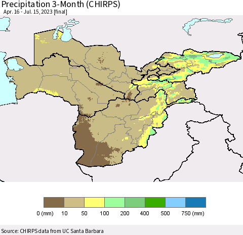 Central Asia Precipitation 3-Month (CHIRPS) Thematic Map For 4/16/2023 - 7/15/2023
