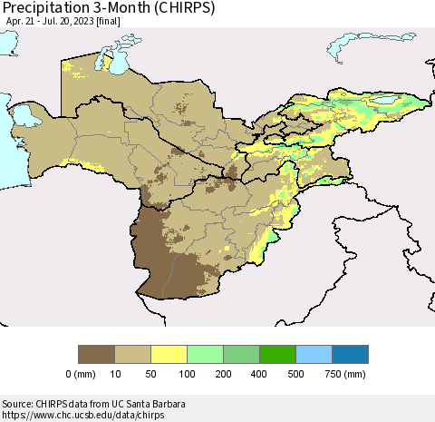 Central Asia Precipitation 3-Month (CHIRPS) Thematic Map For 4/21/2023 - 7/20/2023