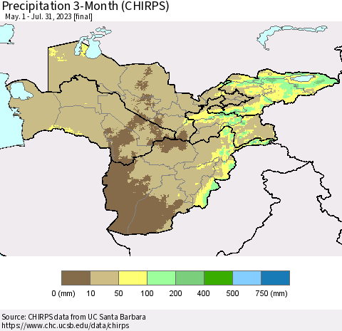 Central Asia Precipitation 3-Month (CHIRPS) Thematic Map For 5/1/2023 - 7/31/2023
