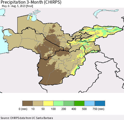 Central Asia Precipitation 3-Month (CHIRPS) Thematic Map For 5/6/2023 - 8/5/2023