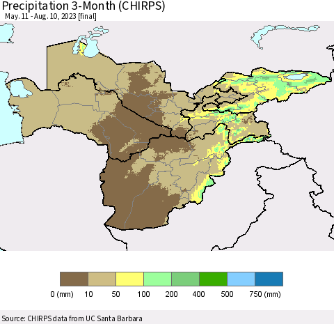 Central Asia Precipitation 3-Month (CHIRPS) Thematic Map For 5/11/2023 - 8/10/2023