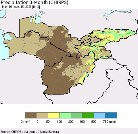Central Asia Precipitation 3-Month (CHIRPS) Thematic Map For 5/16/2023 - 8/15/2023