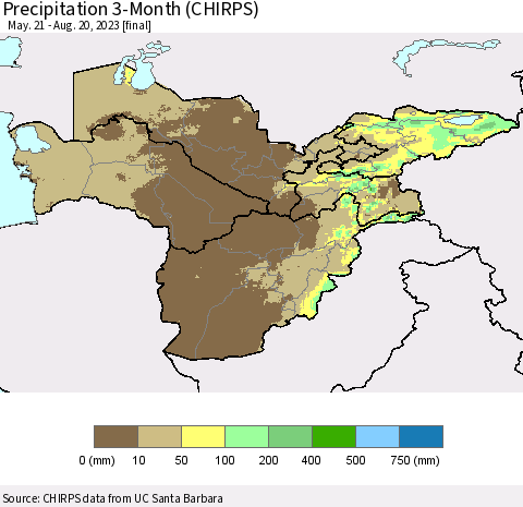 Central Asia Precipitation 3-Month (CHIRPS) Thematic Map For 5/21/2023 - 8/20/2023