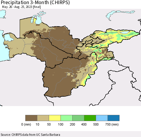 Central Asia Precipitation 3-Month (CHIRPS) Thematic Map For 5/26/2023 - 8/25/2023