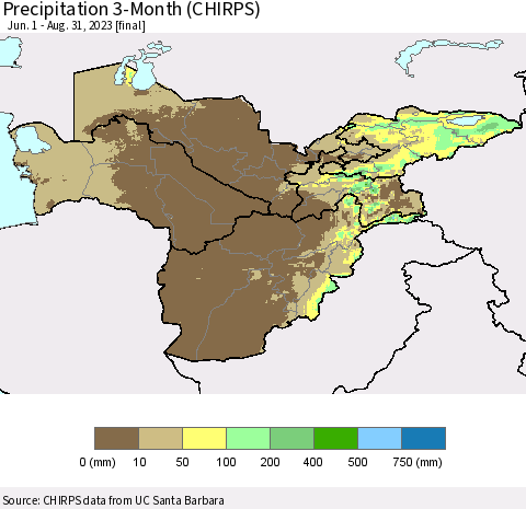 Central Asia Precipitation 3-Month (CHIRPS) Thematic Map For 6/1/2023 - 8/31/2023