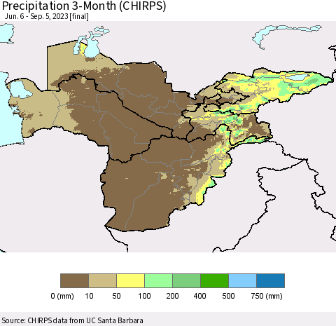 Central Asia Precipitation 3-Month (CHIRPS) Thematic Map For 6/6/2023 - 9/5/2023