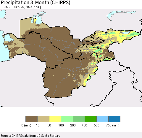 Central Asia Precipitation 3-Month (CHIRPS) Thematic Map For 6/21/2023 - 9/20/2023