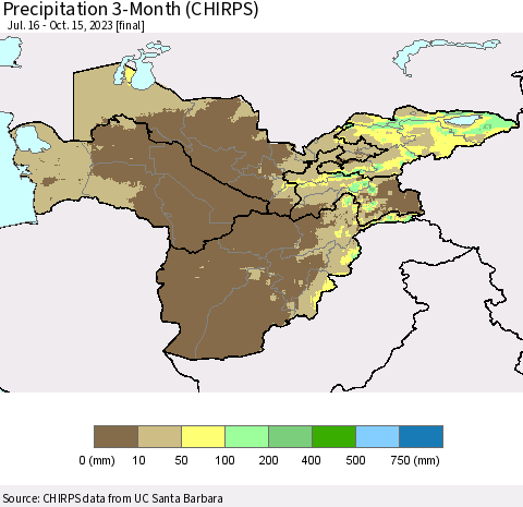 Central Asia Precipitation 3-Month (CHIRPS) Thematic Map For 7/16/2023 - 10/15/2023