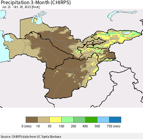 Central Asia Precipitation 3-Month (CHIRPS) Thematic Map For 7/21/2023 - 10/20/2023