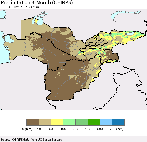 Central Asia Precipitation 3-Month (CHIRPS) Thematic Map For 7/26/2023 - 10/25/2023