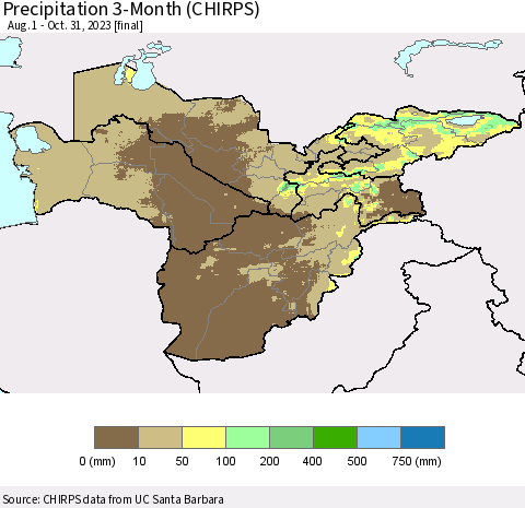Central Asia Precipitation 3-Month (CHIRPS) Thematic Map For 8/1/2023 - 10/31/2023