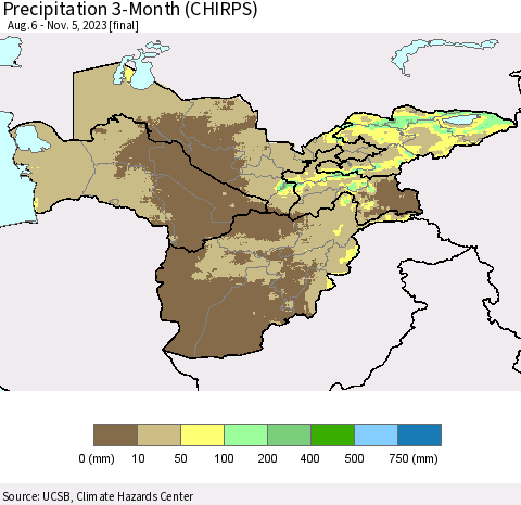 Central Asia Precipitation 3-Month (CHIRPS) Thematic Map For 8/6/2023 - 11/5/2023
