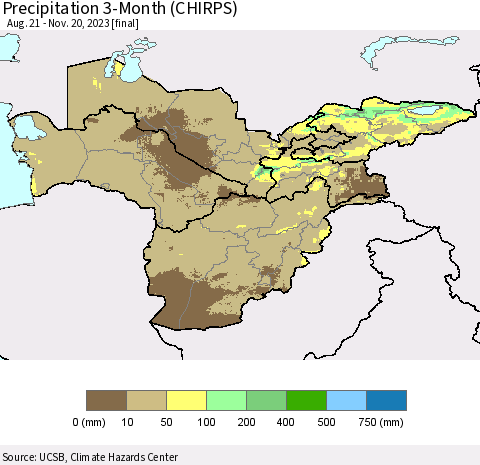 Central Asia Precipitation 3-Month (CHIRPS) Thematic Map For 8/21/2023 - 11/20/2023