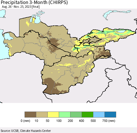 Central Asia Precipitation 3-Month (CHIRPS) Thematic Map For 8/26/2023 - 11/25/2023