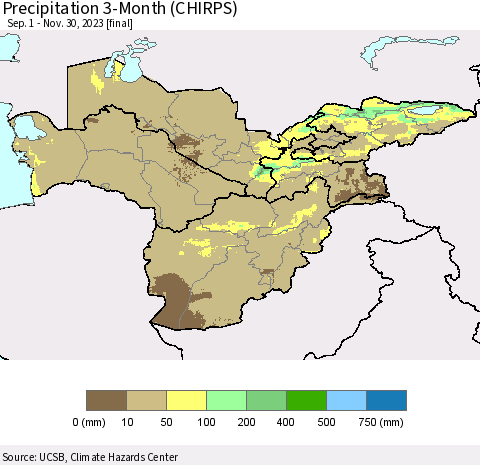 Central Asia Precipitation 3-Month (CHIRPS) Thematic Map For 9/1/2023 - 11/30/2023