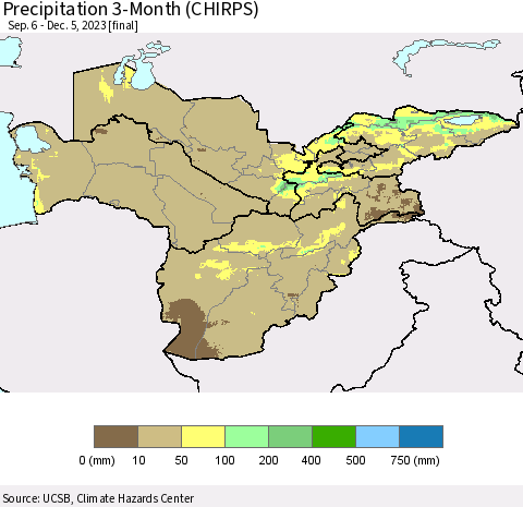 Central Asia Precipitation 3-Month (CHIRPS) Thematic Map For 9/6/2023 - 12/5/2023