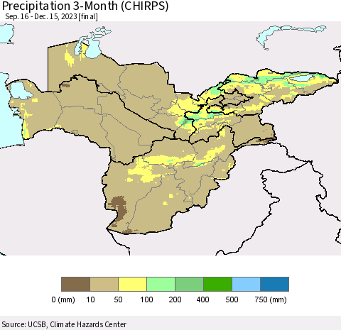 Central Asia Precipitation 3-Month (CHIRPS) Thematic Map For 9/16/2023 - 12/15/2023