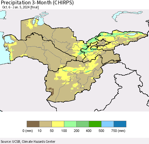 Central Asia Precipitation 3-Month (CHIRPS) Thematic Map For 10/6/2023 - 1/5/2024