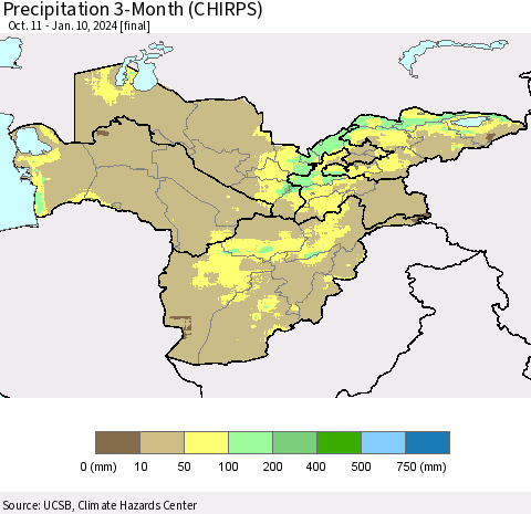 Central Asia Precipitation 3-Month (CHIRPS) Thematic Map For 10/11/2023 - 1/10/2024