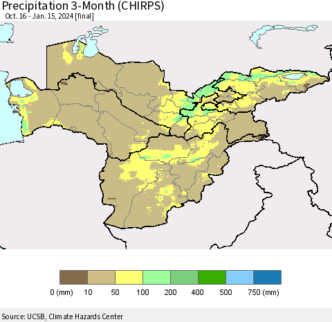 Central Asia Precipitation 3-Month (CHIRPS) Thematic Map For 10/16/2023 - 1/15/2024