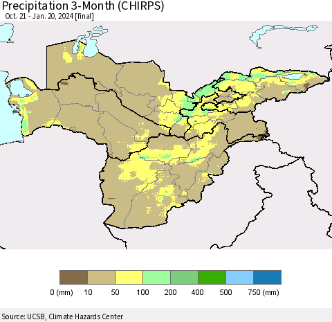 Central Asia Precipitation 3-Month (CHIRPS) Thematic Map For 10/21/2023 - 1/20/2024