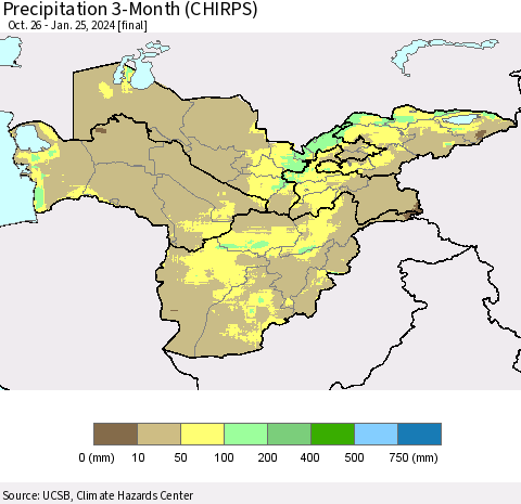 Central Asia Precipitation 3-Month (CHIRPS) Thematic Map For 10/26/2023 - 1/25/2024