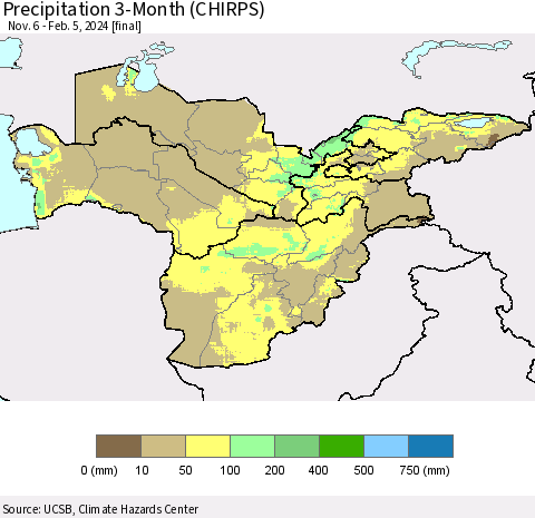 Central Asia Precipitation 3-Month (CHIRPS) Thematic Map For 11/6/2023 - 2/5/2024