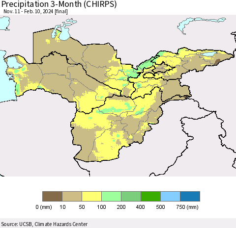 Central Asia Precipitation 3-Month (CHIRPS) Thematic Map For 11/11/2023 - 2/10/2024