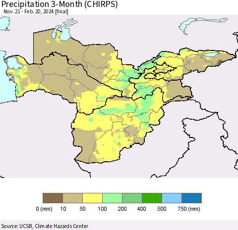 Central Asia Precipitation 3-Month (CHIRPS) Thematic Map For 11/21/2023 - 2/20/2024
