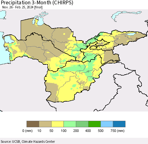 Central Asia Precipitation 3-Month (CHIRPS) Thematic Map For 11/26/2023 - 2/25/2024