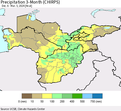 Central Asia Precipitation 3-Month (CHIRPS) Thematic Map For 12/6/2023 - 3/5/2024