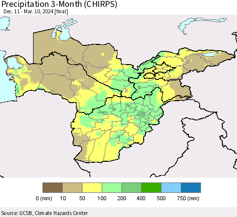 Central Asia Precipitation 3-Month (CHIRPS) Thematic Map For 12/11/2023 - 3/10/2024
