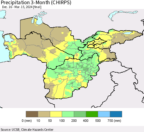Central Asia Precipitation 3-Month (CHIRPS) Thematic Map For 12/16/2023 - 3/15/2024