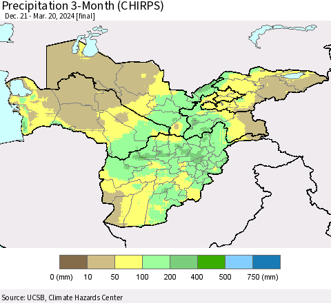 Central Asia Precipitation 3-Month (CHIRPS) Thematic Map For 12/21/2023 - 3/20/2024