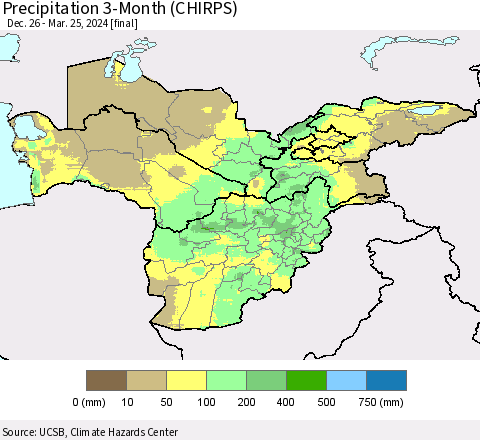 Central Asia Precipitation 3-Month (CHIRPS) Thematic Map For 12/26/2023 - 3/25/2024