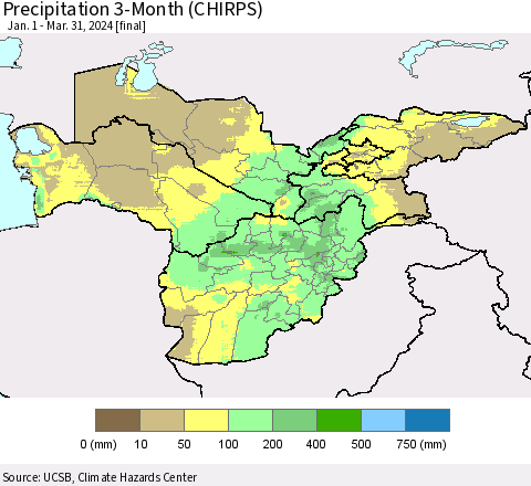 Central Asia Precipitation 3-Month (CHIRPS) Thematic Map For 1/1/2024 - 3/31/2024