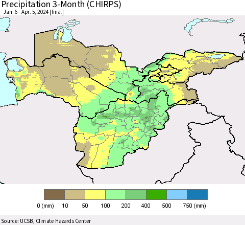Central Asia Precipitation 3-Month (CHIRPS) Thematic Map For 1/6/2024 - 4/5/2024