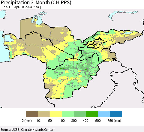 Central Asia Precipitation 3-Month (CHIRPS) Thematic Map For 1/11/2024 - 4/10/2024