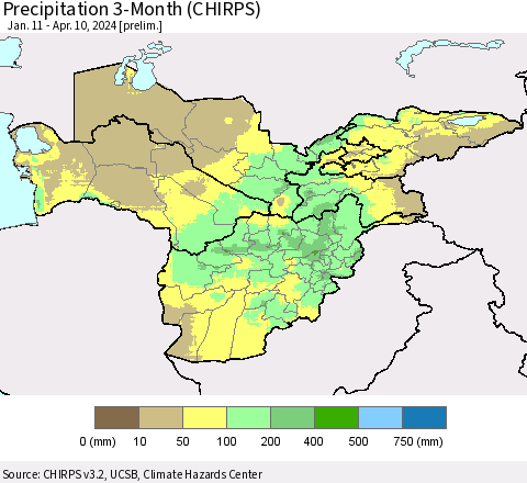 Central Asia Precipitation 3-Month (CHIRPS) Thematic Map For 1/11/2024 - 4/10/2024