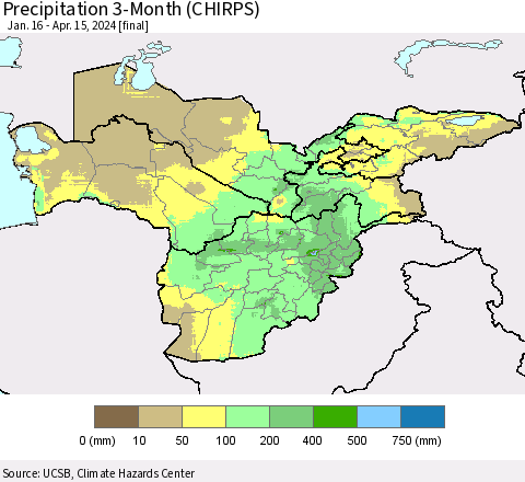 Central Asia Precipitation 3-Month (CHIRPS) Thematic Map For 1/16/2024 - 4/15/2024