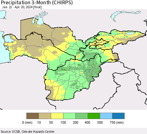 Central Asia Precipitation 3-Month (CHIRPS) Thematic Map For 1/21/2024 - 4/20/2024