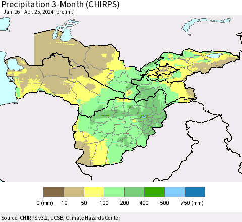 Central Asia Precipitation 3-Month (CHIRPS) Thematic Map For 1/26/2024 - 4/25/2024